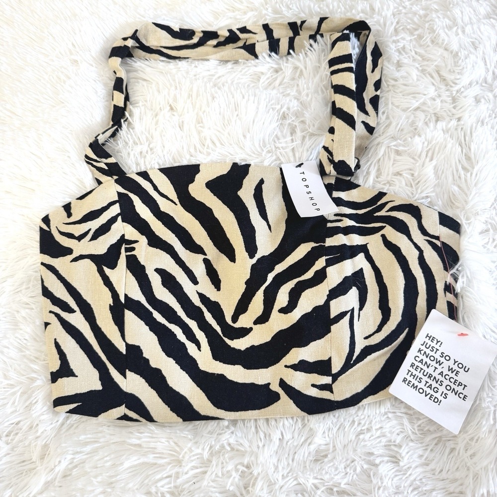 ASOS TopShop Womens Sz 10 Linen Blend Zebra Print Woven Crop Top NWT Square Neck